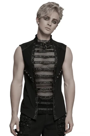 Black industrial mesh gothic vest with dual buckle shoulder straps and studded faux leather trim front view on male model