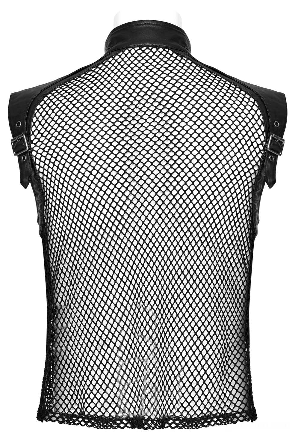 Black gothic mesh back leather vest rear flat view on mannequin with full fishnet panel and leather collar trim