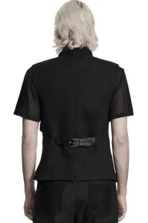 Black gothic mesh vest rear view, showing sheer mesh sleeves and adjustable waist buckle straps on male model