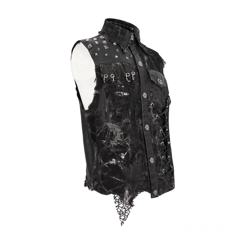 Right three-quarter view of asymmetrical gothic vest with metal ring decorations and frayed mesh