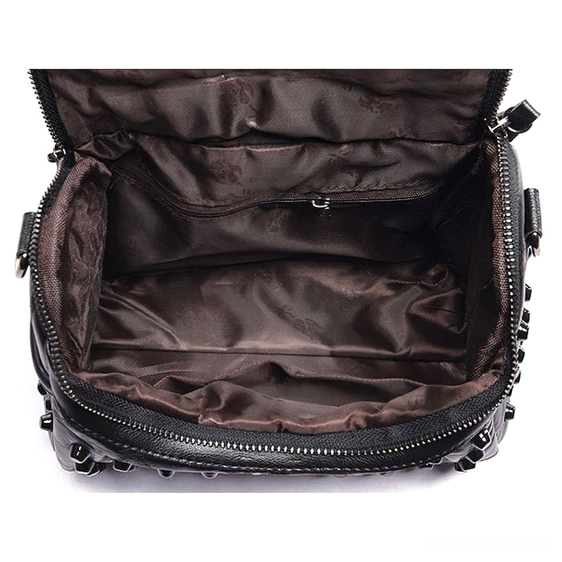Black leather messenger bag interior view showing lined compartment with inner zipper pocket organization