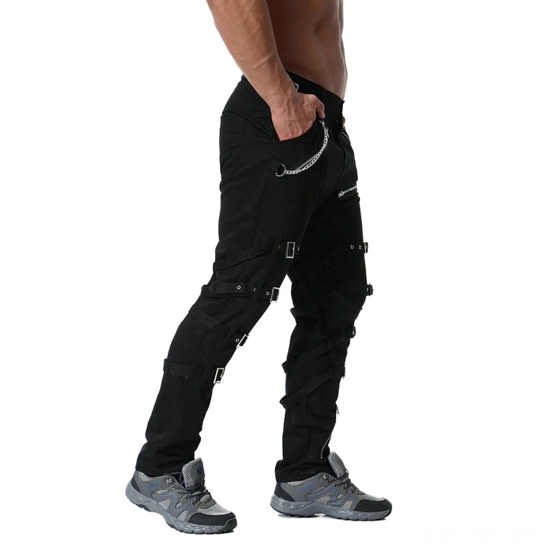 Gothic metal cargo pants flat lay showing overall design and hardware placement