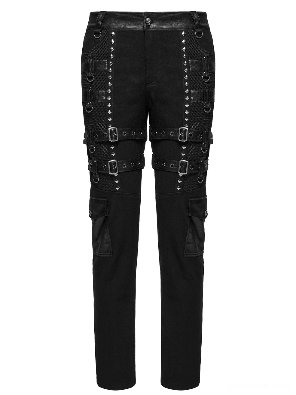 Gothic metal studded pants rear flat view with leather pocket patches and D-ring fasteners