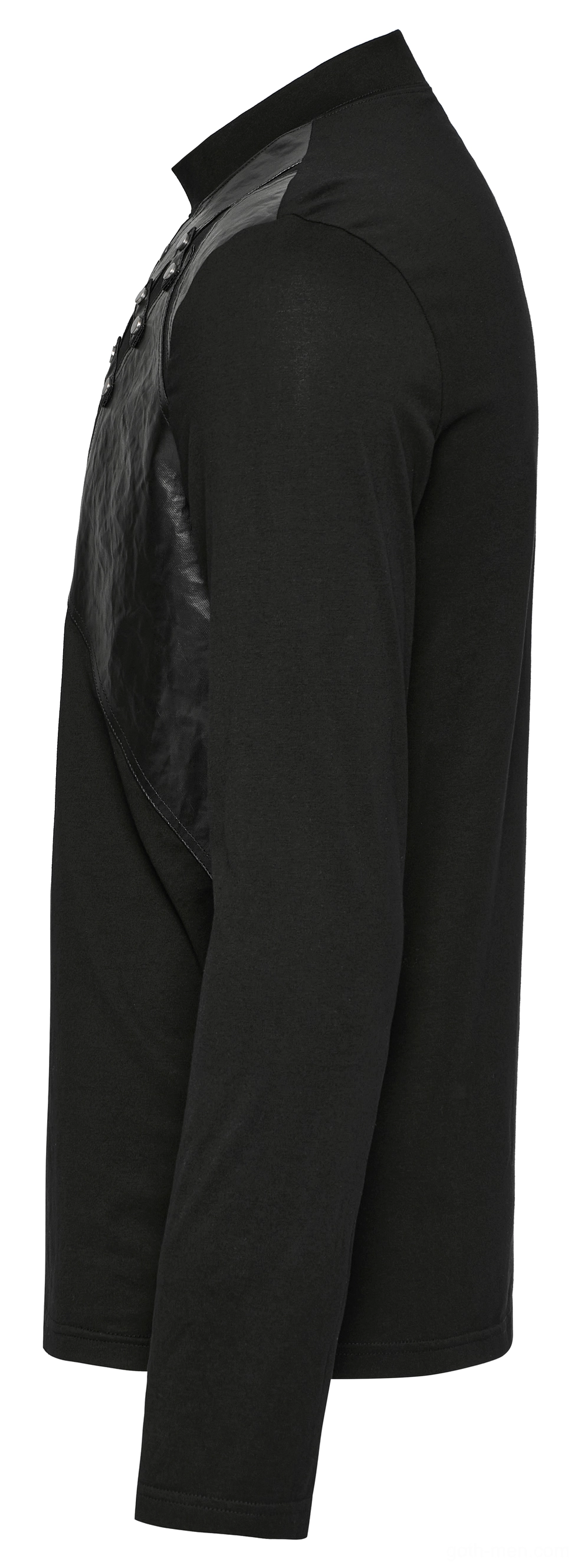 Black gothic sweatshirt side flat lay view showing tailored sleeve length and faux leather decorative detail