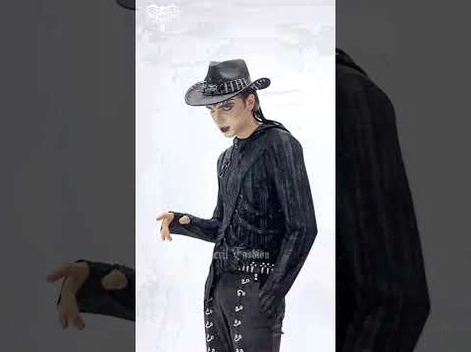 Male gothic model wearing black metal spike bullet trim cowboy hat three-quarter view with dark streetwear