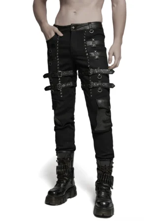 Gothic metal studded combat pants front angled view on model featuring pyramid studs and D-ring buckles