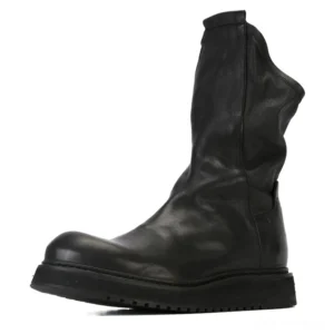Black genuine leather gothic mid-calf boots left side profile view with smooth matte finish