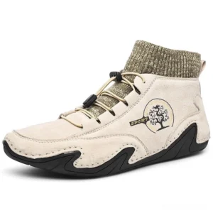 Beige gothic casual sneakers with brown knitted collar and tree pattern logo - front three-quarter product view