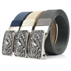 Set of three gothic military nylon belts group display showing black silver buckle blue and brown color options with embossed dragon details