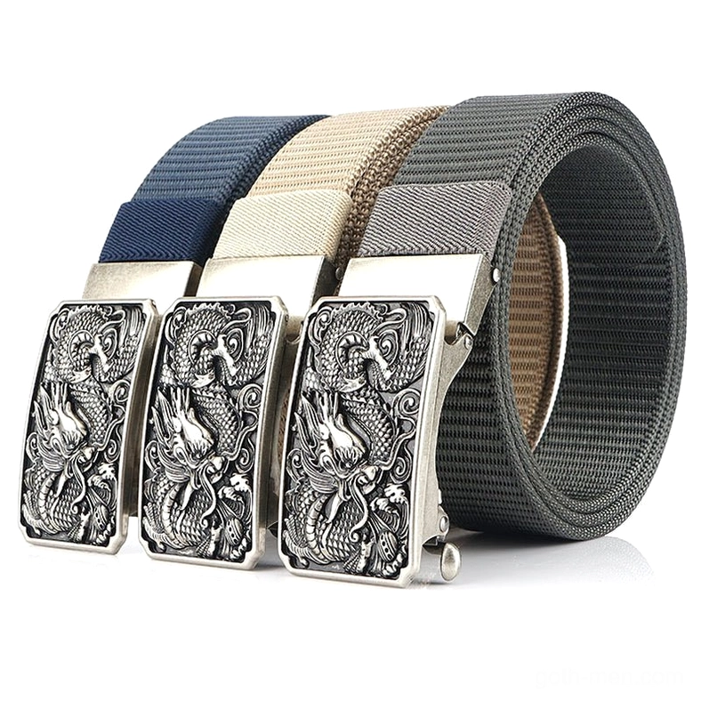 Set of three gothic military nylon belts group display showing black silver buckle blue and brown color options with embossed dragon details