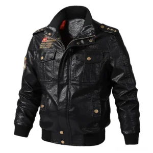 Black gothic military PU bomber jacket with stand collar and star epaulets front view