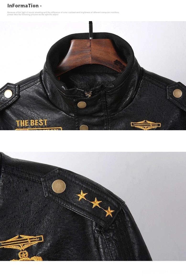 Front view of black military PU bomber showing structured silhouette and hardware