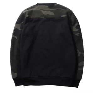 Dark gothic military camouflage sweatshirt black back view flat lay with camo sleeves