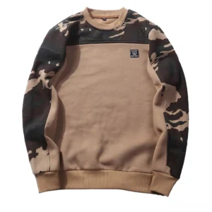 Gothic military camouflage crewneck sweatshirt khaki front flat lay with embroidered chest badge