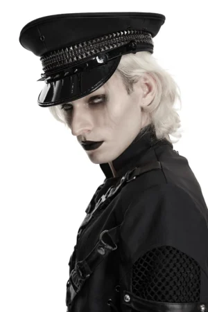 Industrial gothic military cap side profile, spike-studded band, glossy black visor, punk aesthetic headwear