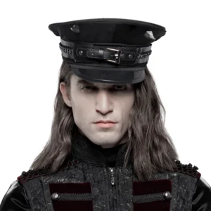 Gothic military cap with spiked PU leather buckles and chain trim worn by male model in studio