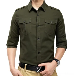 Gothic military slim fit cargo shirt in army green with chest flap pockets and shoulder epaulets, worn by male model, front view