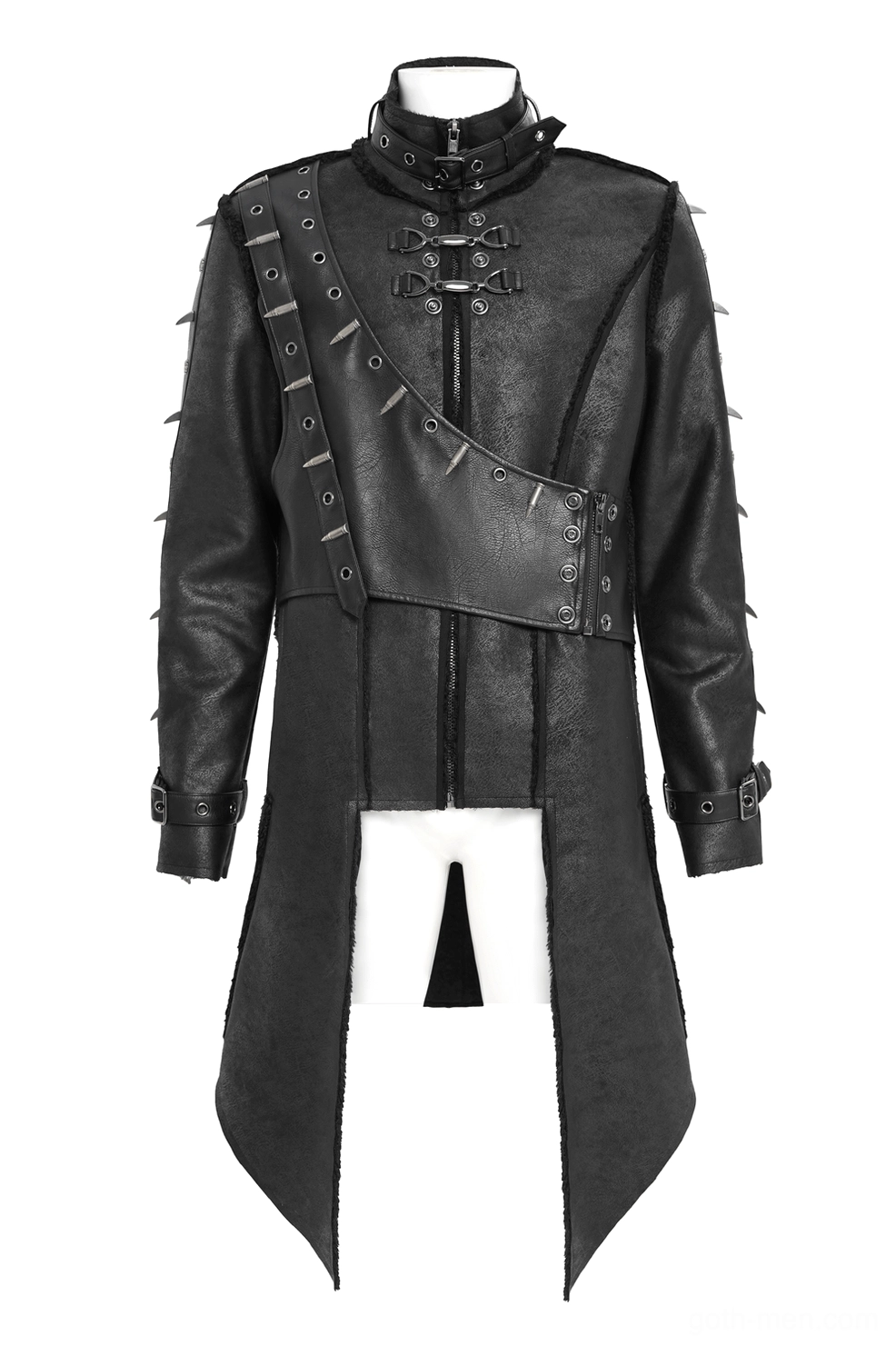 Black gothic military tailcoat flat display showing asymmetrical hem and spiked seam trims