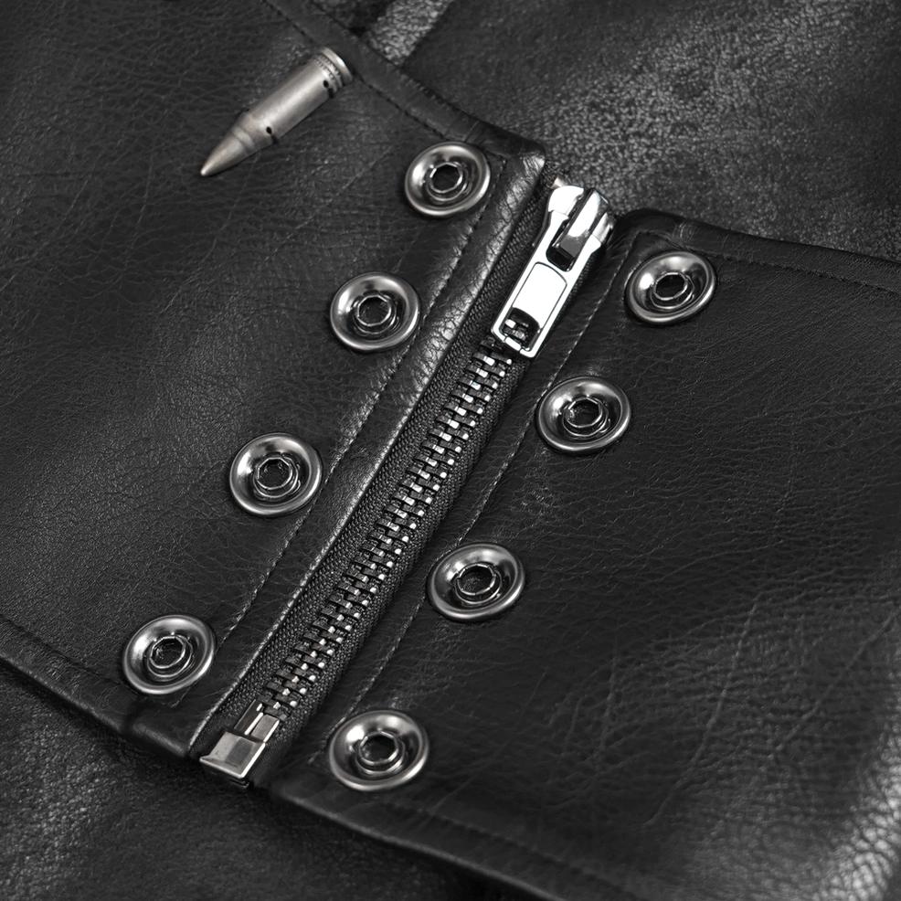 Black spiked military gothic coat asymmetric buckle strap design and construction detail