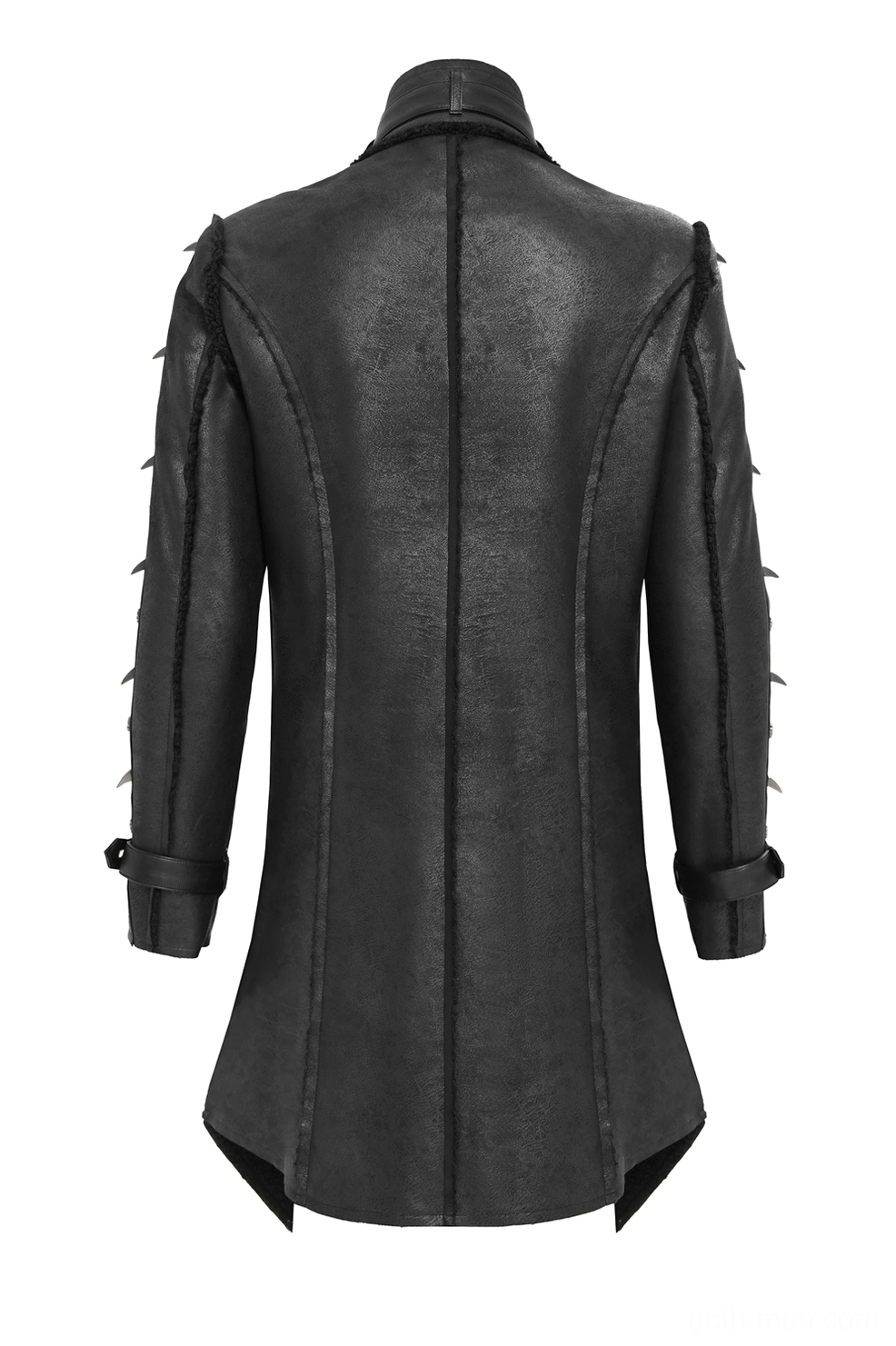Black spiked military gothic coat rear flat lay showing central seam and sleeve spike trims