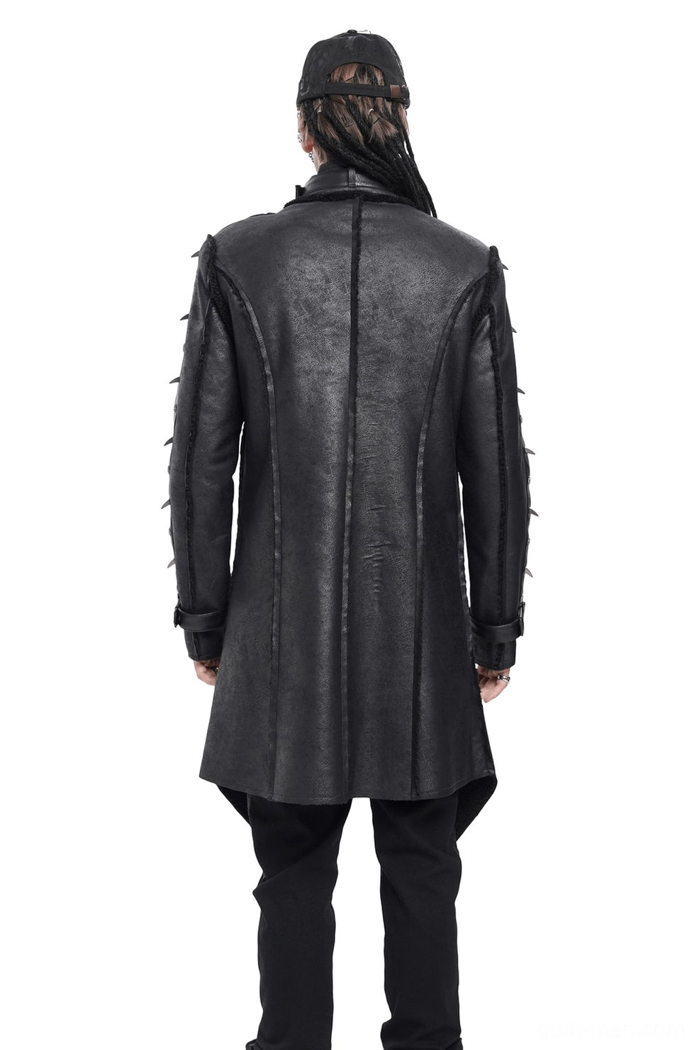 Gothic military long coat rear view showing split-tail hemline and spike trims along sleeves
