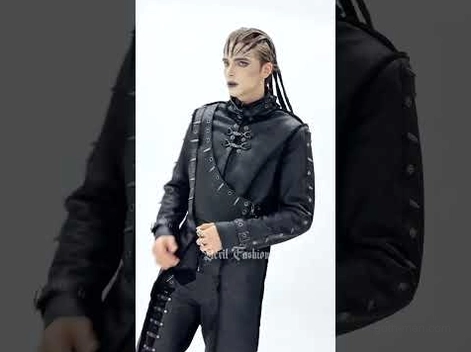 Spiked military gothic long coat front detail showing faux leather and buckle fasteners