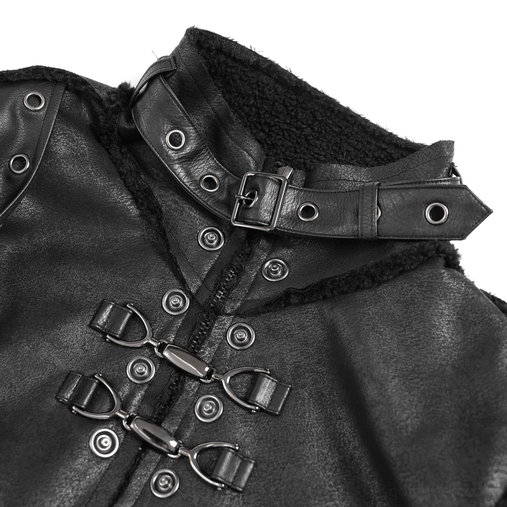 Close-up of gothic military coat high collar with metal buckles and faux leather construction