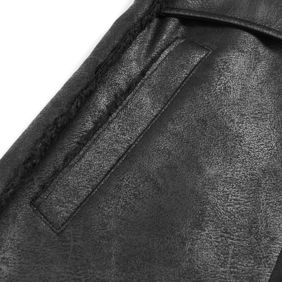 Spiked military gothic coat faux leather seam and metal hardware quality close-up