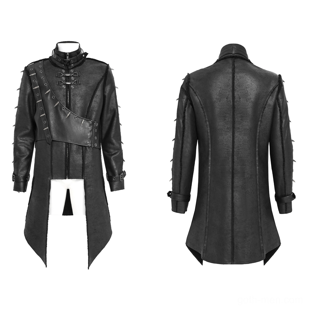 Black military gothic coat flat lay display front view with high collar and cross buckle closures