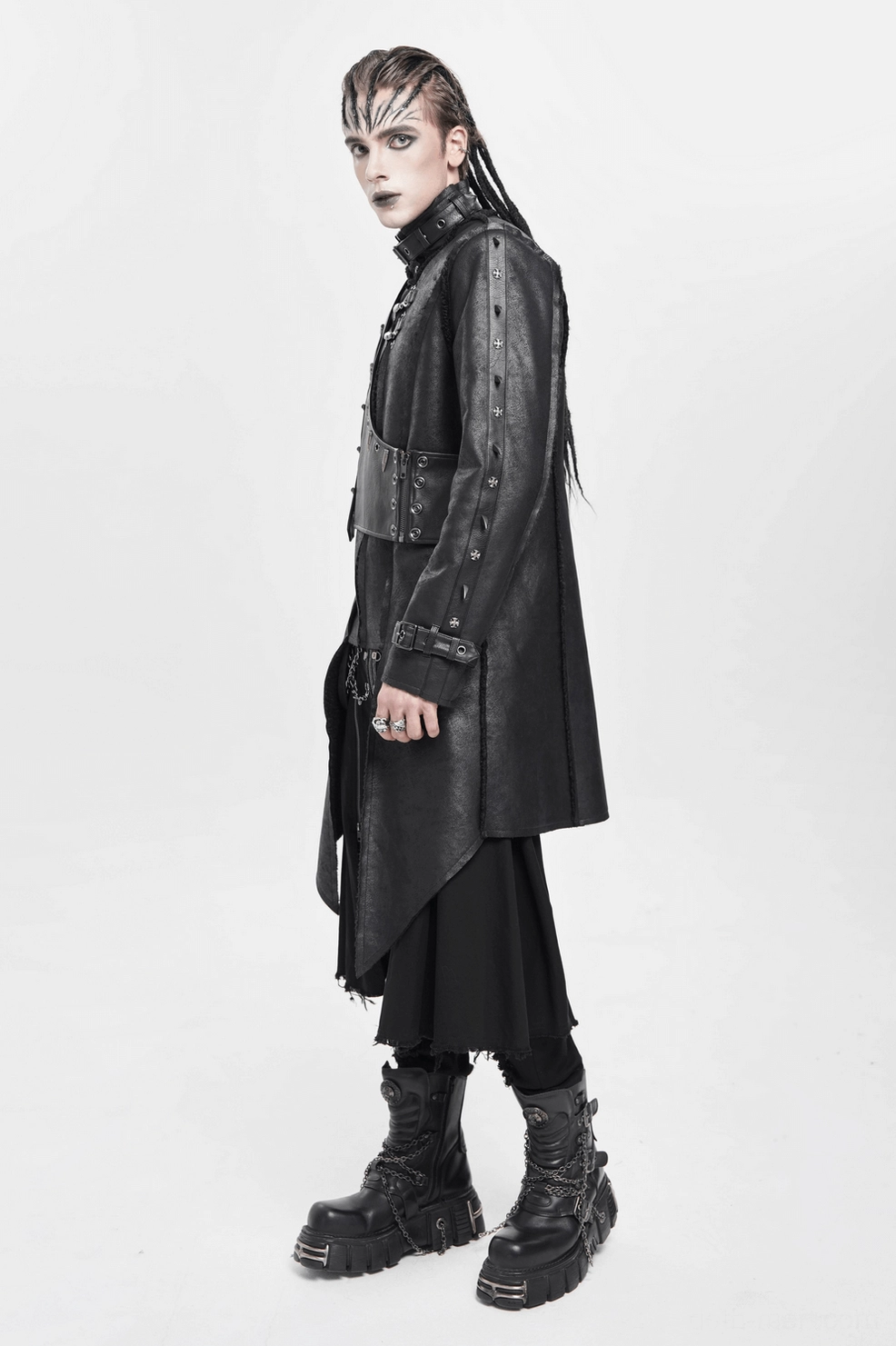 Black military gothic tailcoat front display with cross buckle closures and high collar
