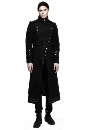 Asymmetric military gothic long coat front full-body view on male model wearing black belted worsted coat with metal hardware