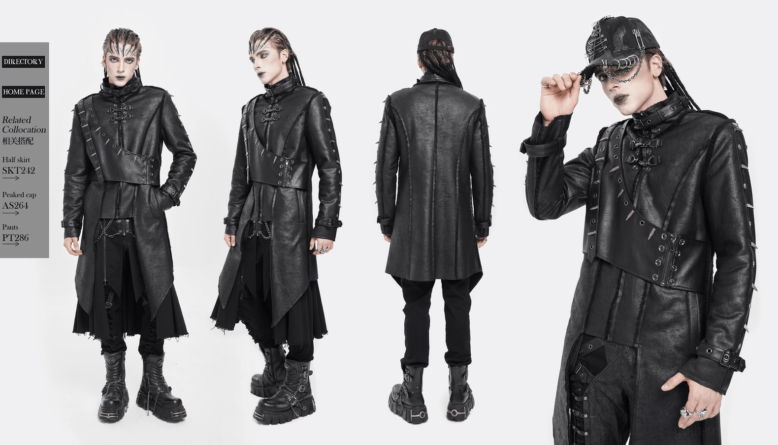 Military gothic long coat full length display showing dramatic silhouette and spike embellishments