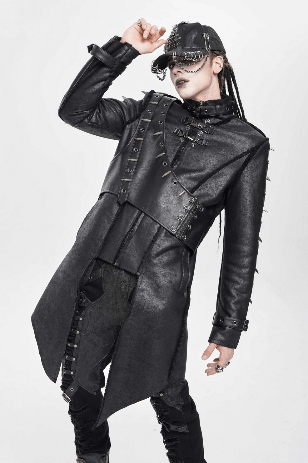 Gothic military long coat rear three-quarter view showing split hemline and sleeve details
