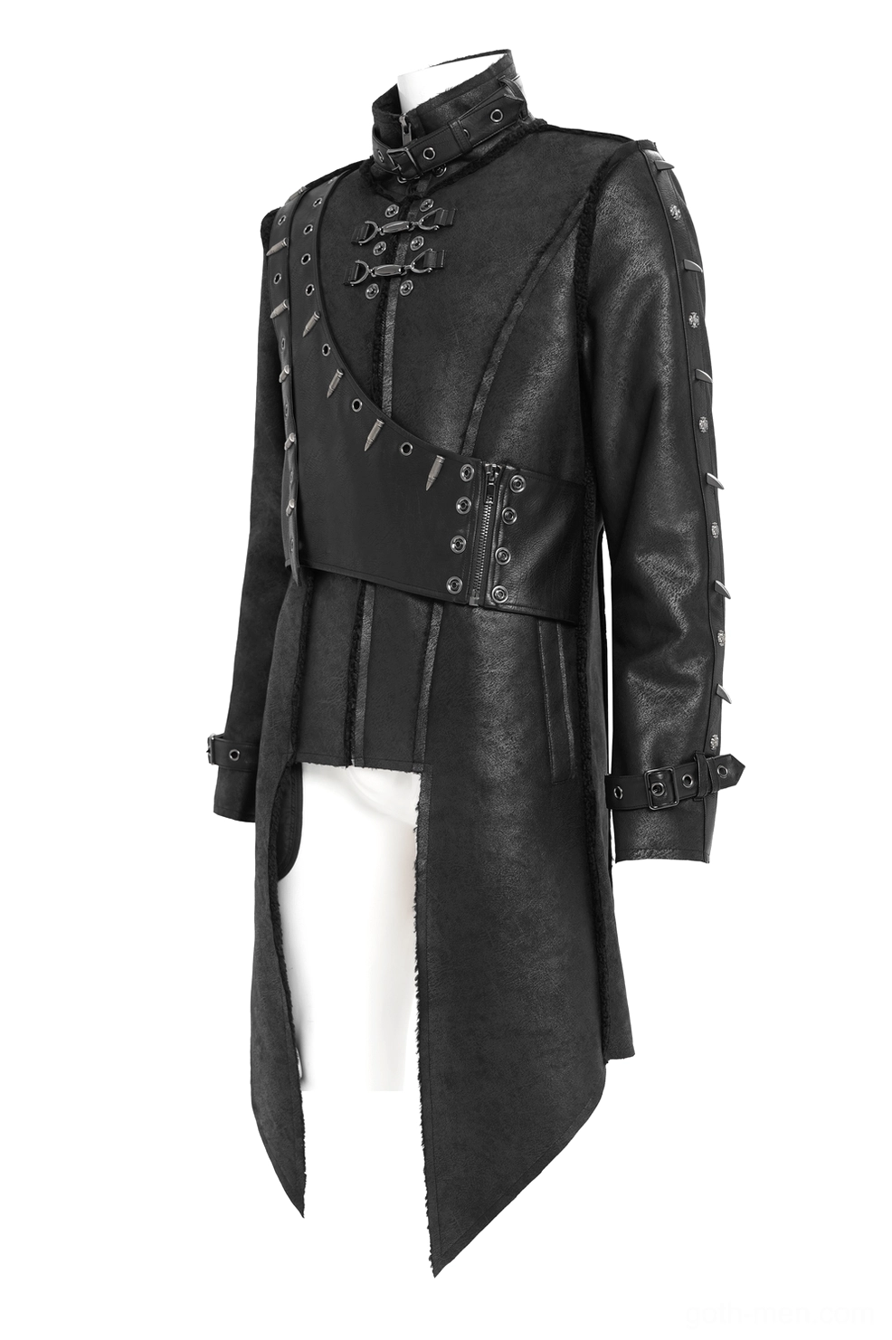 Gothic military long coat side three-quarter flat lay showing fitted silhouette and buckle straps