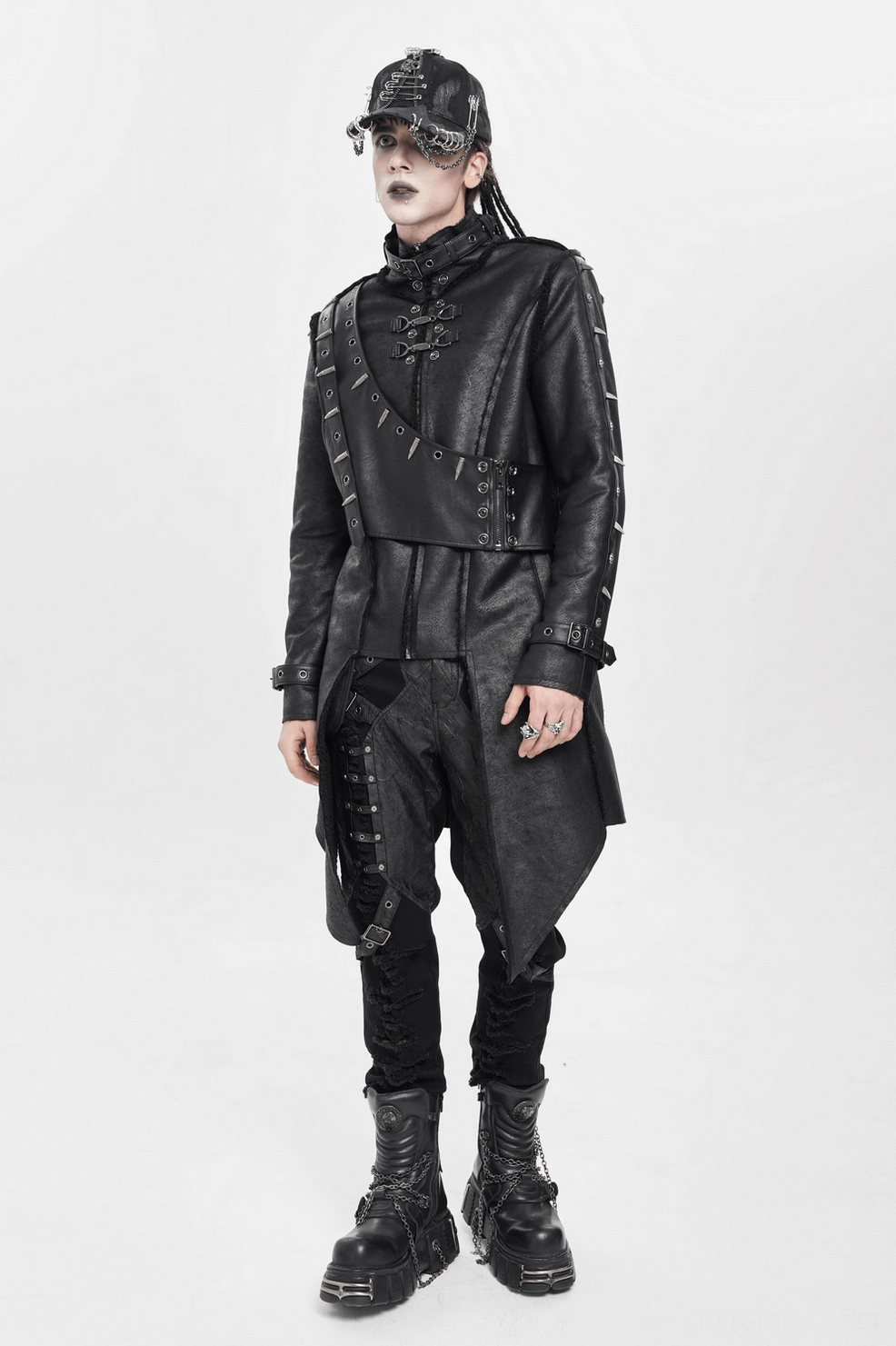 Black spiked military gothic coat side detail showing structured faux leather construction