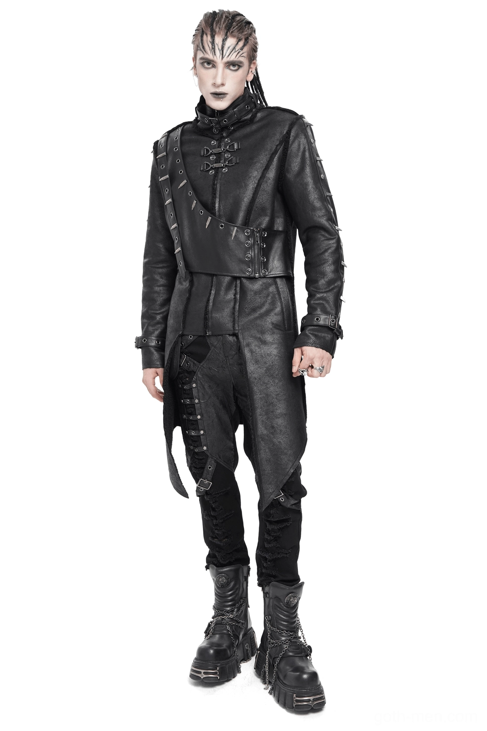 Black spiked military gothic long coat front three-quarter view with asymmetric buckle straps on male model