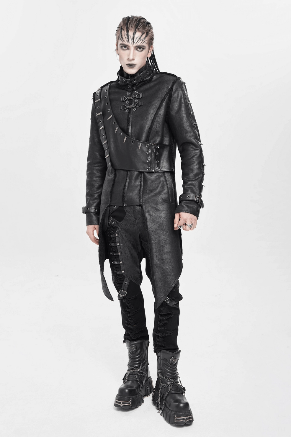 Spiked military gothic coat three-quarter perspective showing asymmetric design elements
