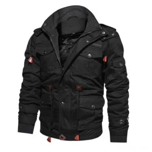 Black gothic military fleece jacket with thick thermal lining and multi-cargo pockets front view