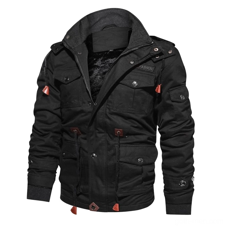 Black gothic military fleece jacket with thick thermal lining and multi-cargo pockets front view