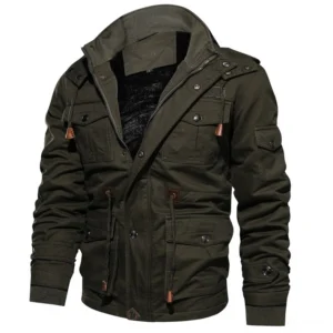 Army green hooded winter fleece coat with drawstring toggles and utility pockets front angle