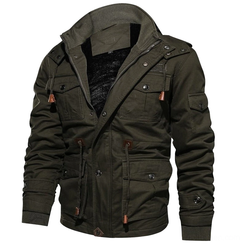 Army green hooded winter fleece coat with drawstring toggles and utility pockets front angle