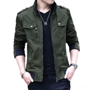 Men's Army Green Gothic Military Stand Collar Jacket with Zipper Closure – Front View
