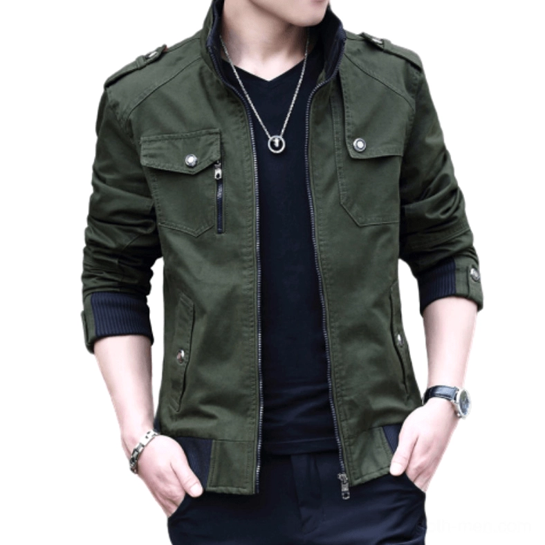 Men's Army Green Gothic Military Stand Collar Jacket with Zipper Closure – Front View