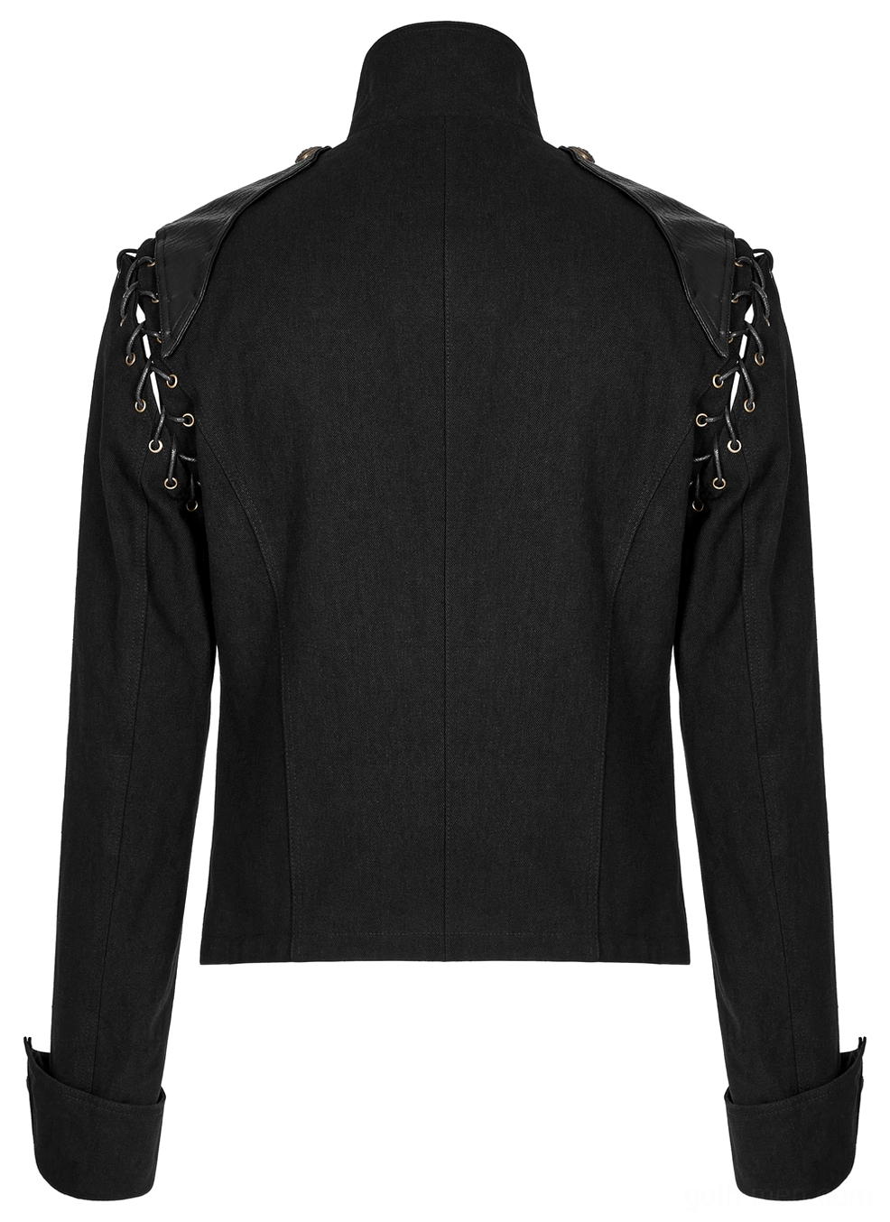 Gothic military jacket rear flat view with clean panel, faux leather shoulder overlays, and tailored hemline