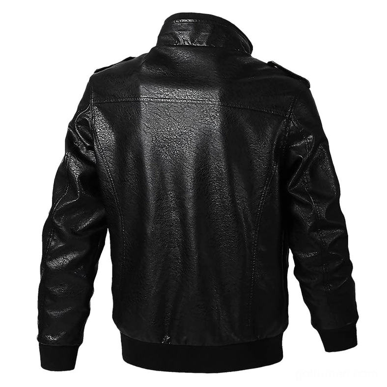 Black military leather bomber jacket rear view with epaulets and structured hem