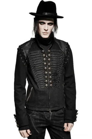 Black gothic military jacket front view with detachable sleeves, lace-up shoulder details, and braided button embellishments