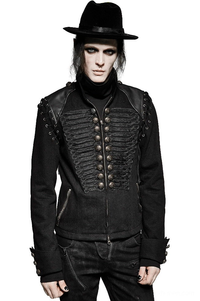 Black gothic military jacket front view with detachable sleeves, lace-up shoulder details, and braided button embellishments
