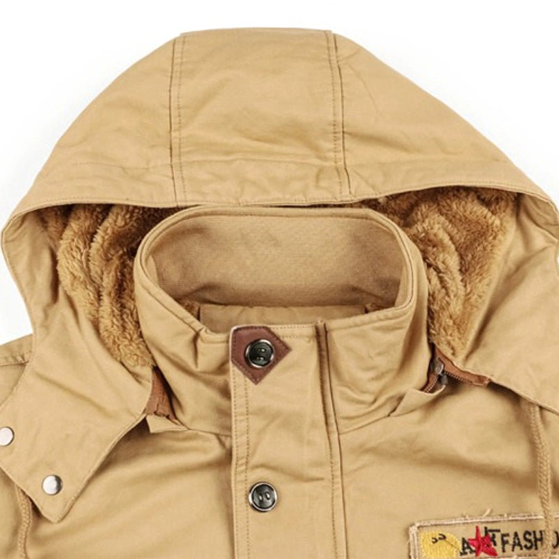 Gothic military fleece hooded winter jacket detailed pocket construction and closure system