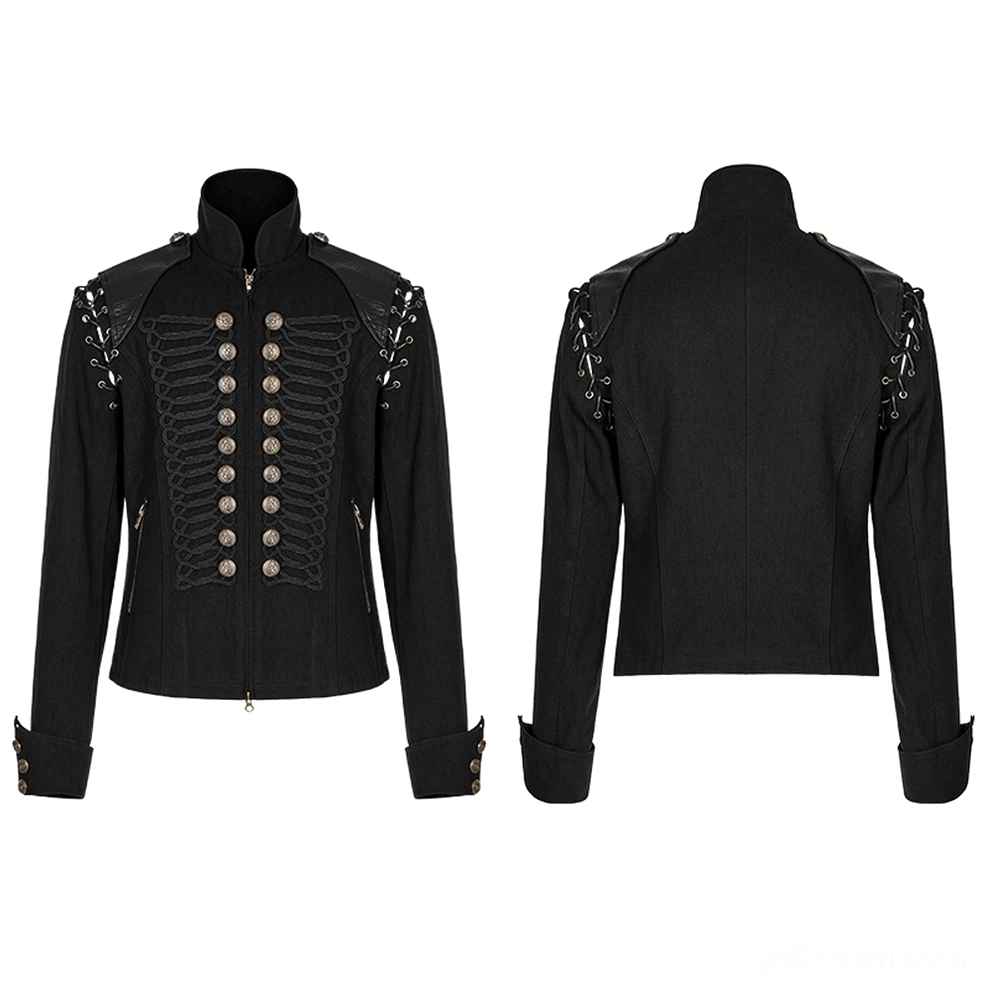 Black gothic military jacket flat lay front and back, displaying full silhouette with zipper front closure and buttoned cuffs