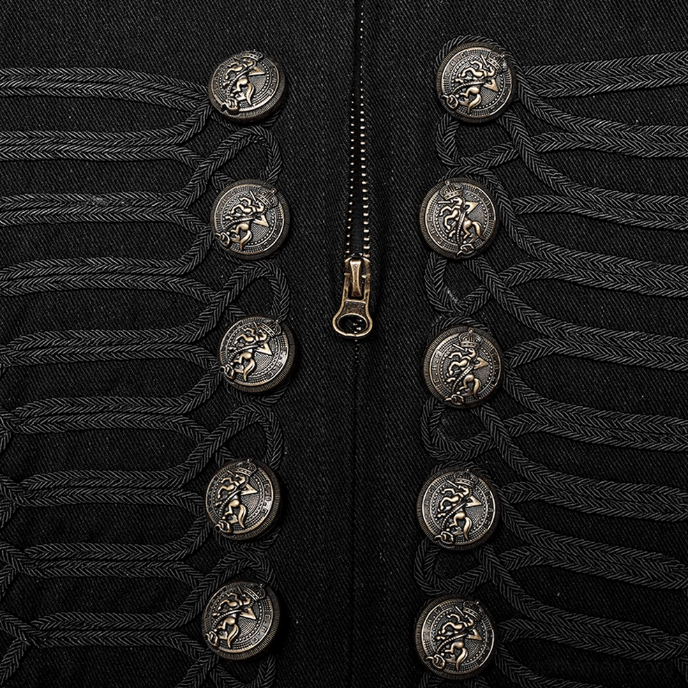 Close-up detail of gothic military jacket front button placket with embossed metal buttons, braided rope trim, and central zipper